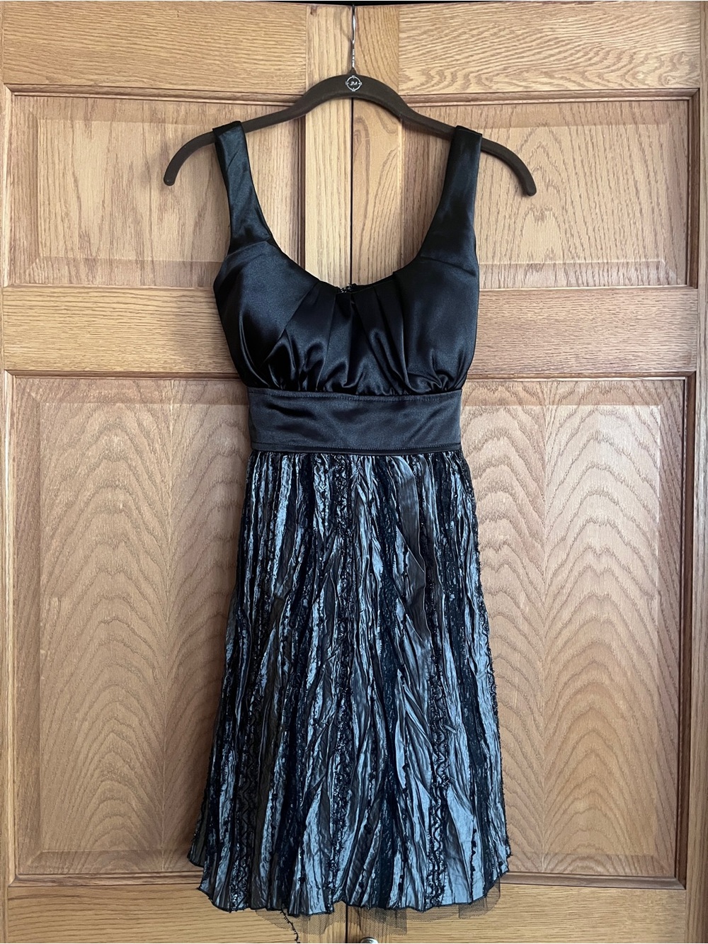 Black Satin Bodice Midi Dress with Textured Pleated Skirt and Waist Tie